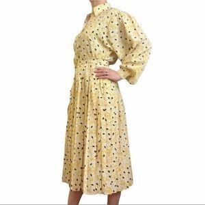Vintage Jaeger London Yellow Floral 2-Piece Blouson Midi Dress